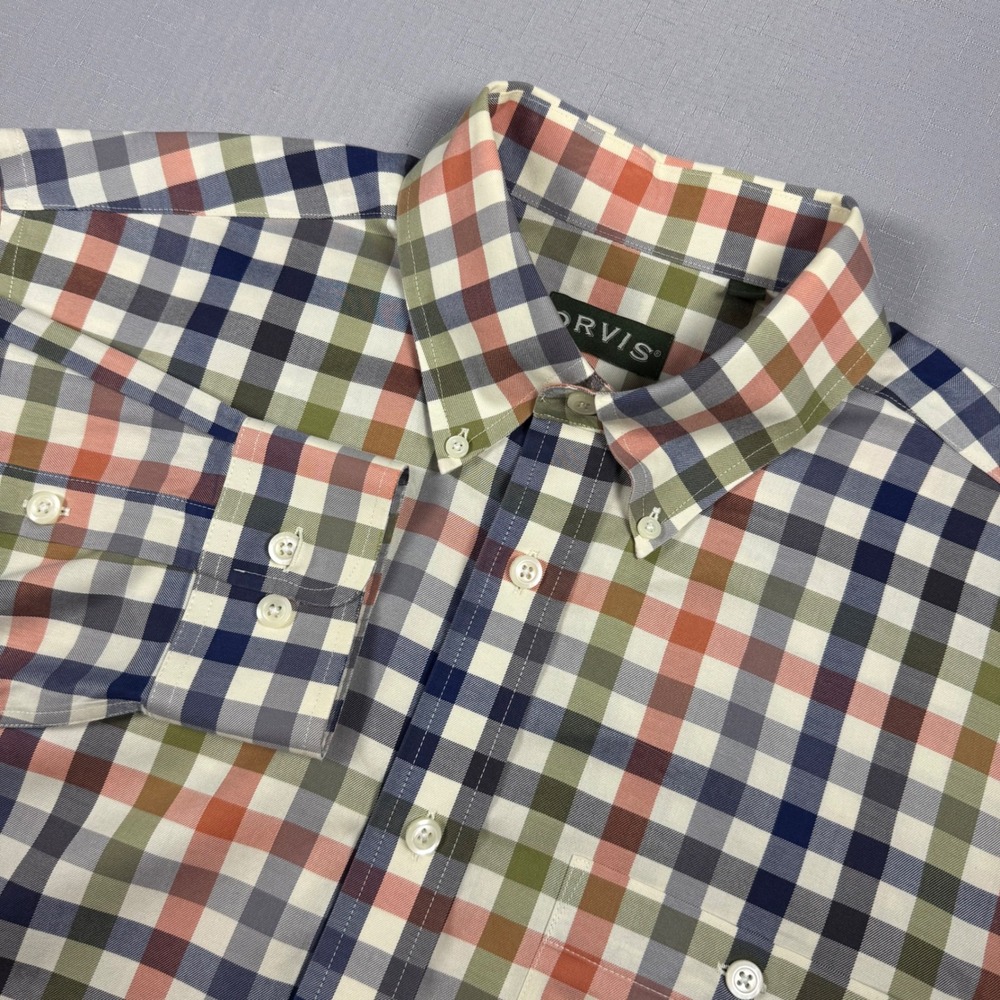 Orvis Mens Large Multicolor Tattersall Plaid Cotton Button Down Shirt LS